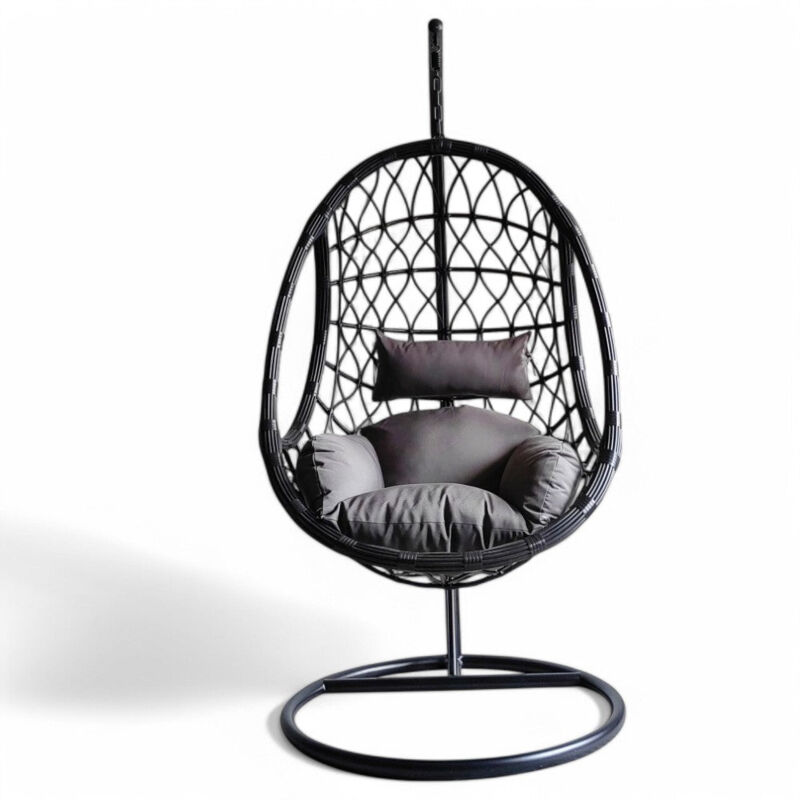 foto del prodotto dondolo con struttura in metallo e seduta in wicker nero schienale design moderno 195x93x122cm