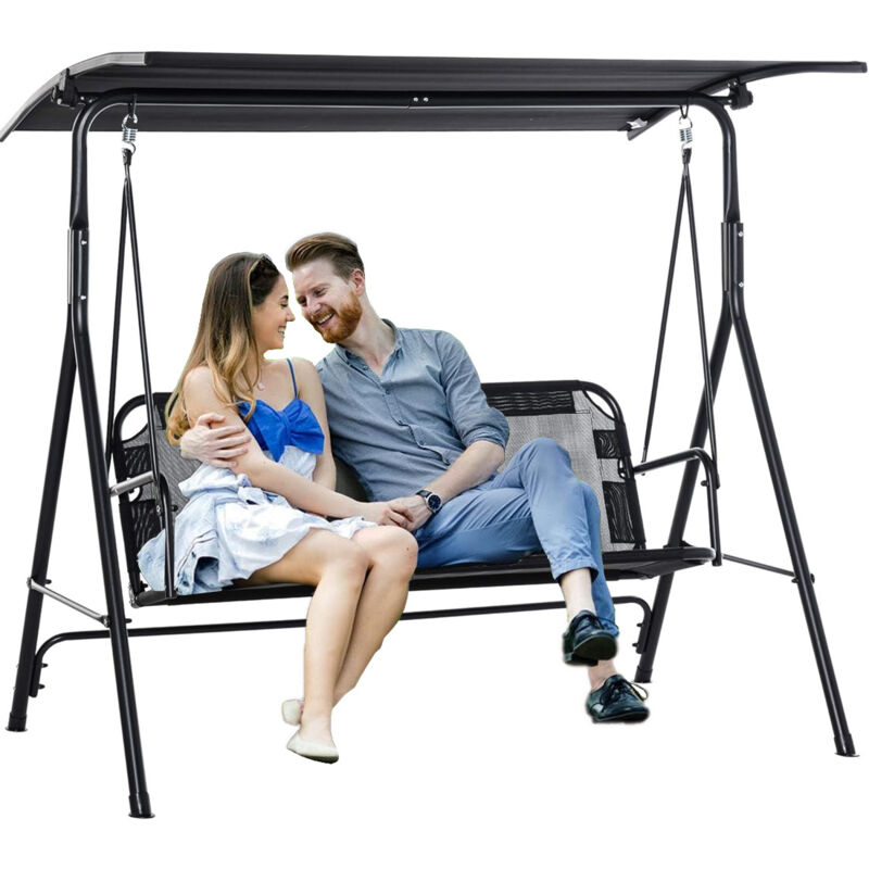foto del prodotto dondolo da giardino 3 posti con tettuccio parasole regolabile 172x110x155cm nero