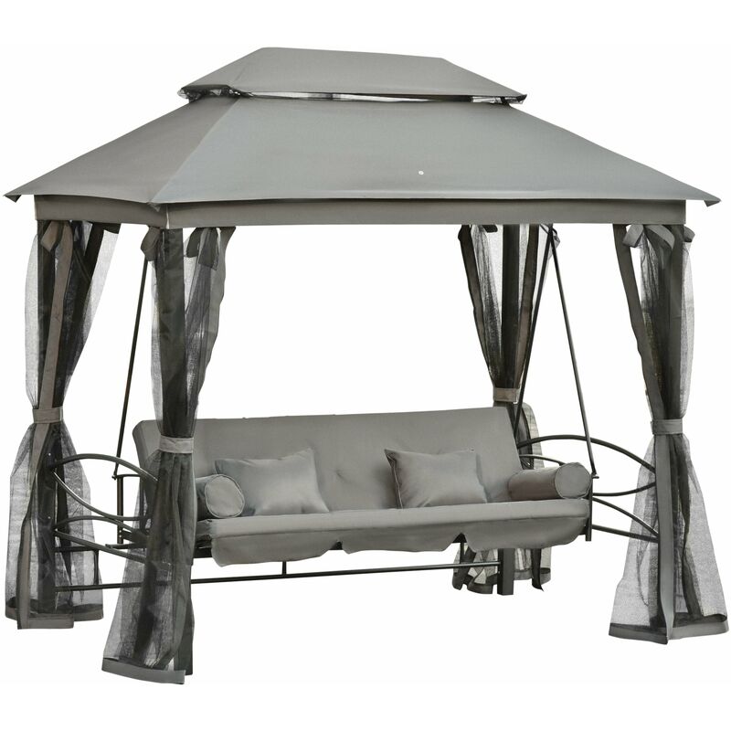foto del prodotto dondolo letto 3 posti con gazebo da giardino 256x172x248 cm con zanzariera e cuscini grigio