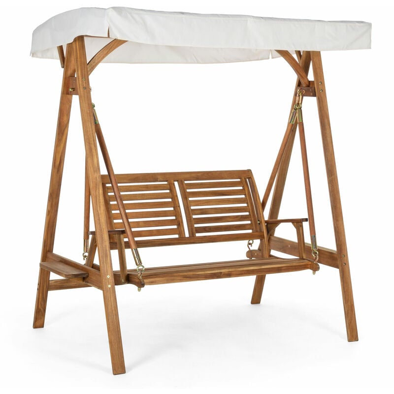 foto del prodotto dondolo noemi 2 posti in legno con telo copertura bianco cm 185 x 122 x h. 188