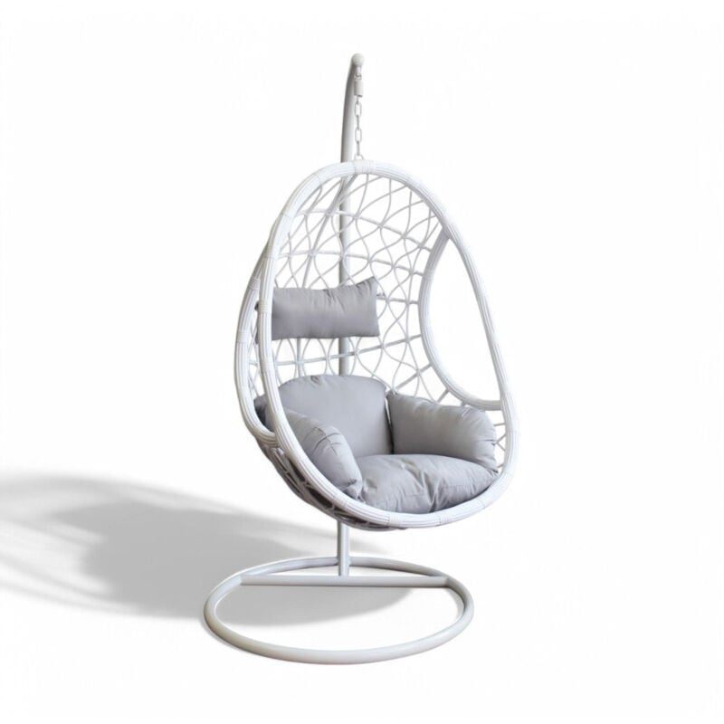 foto del prodotto dondolo ovale in metallo con seduta in wicker bianco con diametro 95xh195 cm