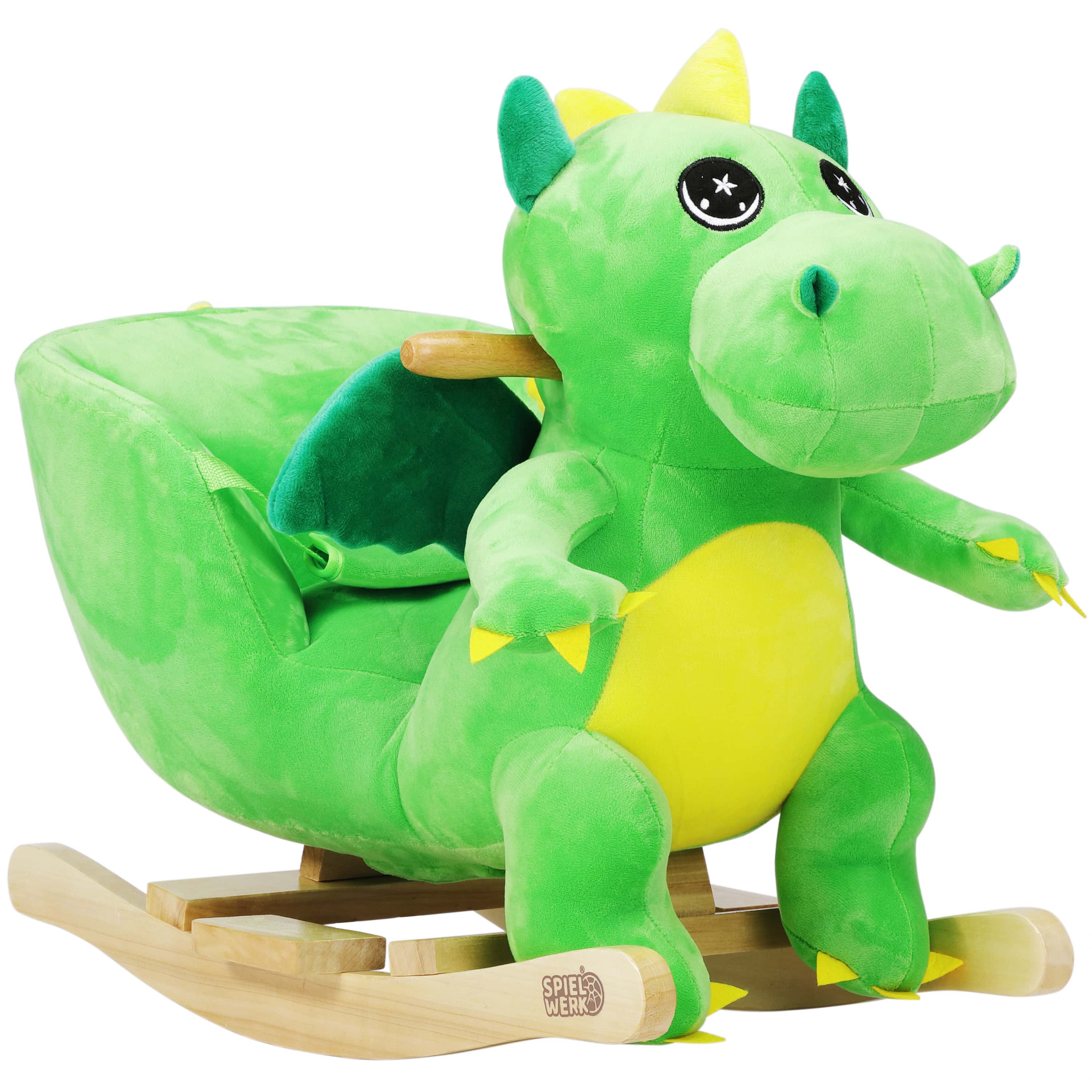 foto del prodotto dondolo per bambini dino peluche verde 63x32x52cm