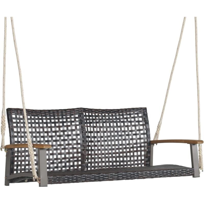 foto del prodotto dondolo sospeso da esterno con 2 posti, panca altalena in rattan pe con 2 corde, schienale curvato e braccioli in legno di acacia, carico massimo 360