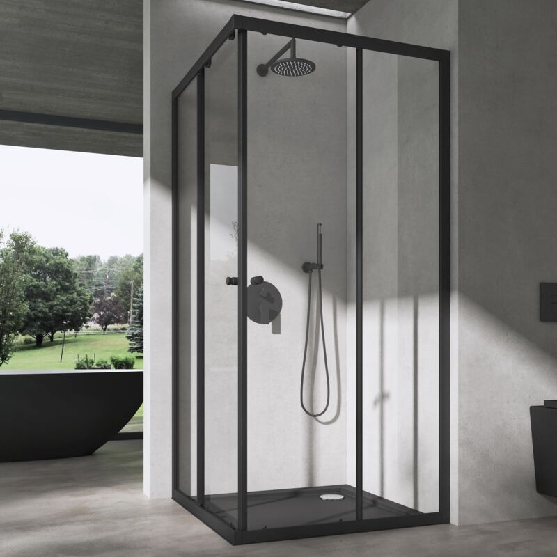 foto del prodotto doporro box doccia 100x80cm, box doccia a soffietto cabina bagno in cristallo trasparente con porte scorrevoli ravenna16k plus, nero