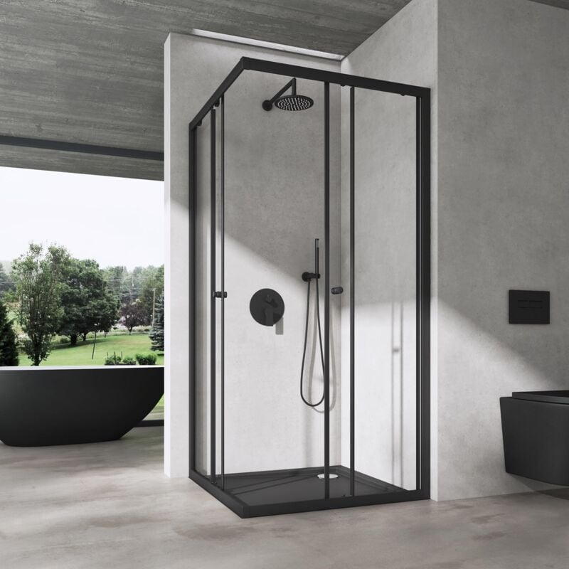 foto del prodotto doporro box doccia 80x70cm, box doccia a soffietto cabina bagno in cristallo trasparente con porte scorrevoli ravenna16k plus, nero