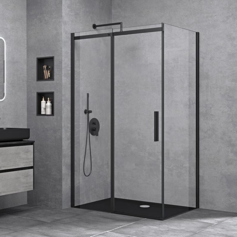 foto del prodotto doporro box doccia angolare con porta scorrevole vetro 8 mm temperato trasparente profilo alluminio nero h 195 70x100 cm ravenna18k