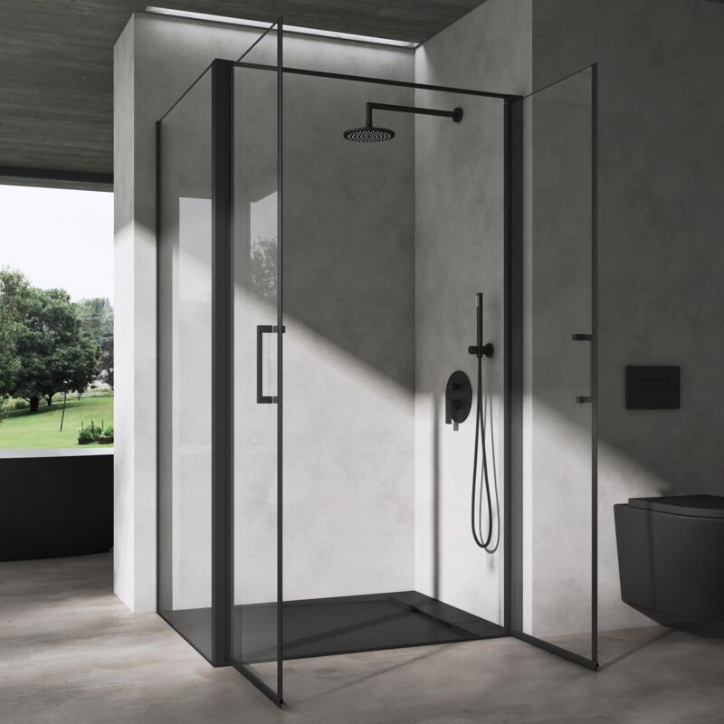 foto del prodotto doporro box doccia rettangolare 100x90x195cm con piatto doccia nero cabina doccia ad angolo doppia porta battente in vetro temperato trasparente easy
