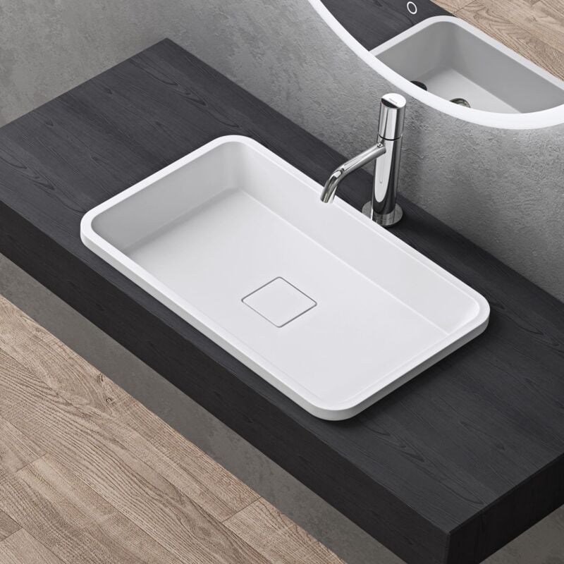 foto del prodotto doporro lavabo ad incasso soprapiano lavandino bagno da appoggio rettangolare in resina minerale, senza foro rubinetto, piletta inclusa, colore