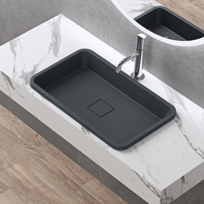 foto del prodotto doporro lavabo ad incasso soprapiano lavandino bagno da appoggio rettangolare in resina minerale, senza foro rubinetto, piletta inclusa, colore