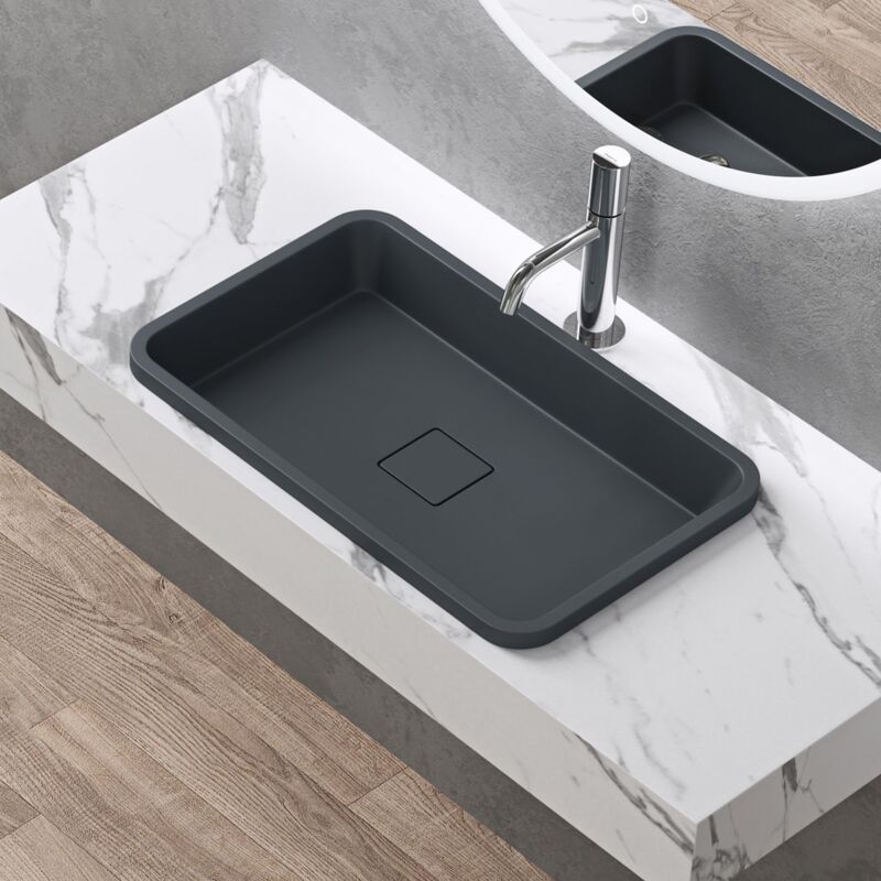 foto del prodotto doporro lavabo ad incasso soprapiano lavandino bagno da appoggio rettangolare in resina minerale, senza foro rubinetto, piletta inclusa, colore