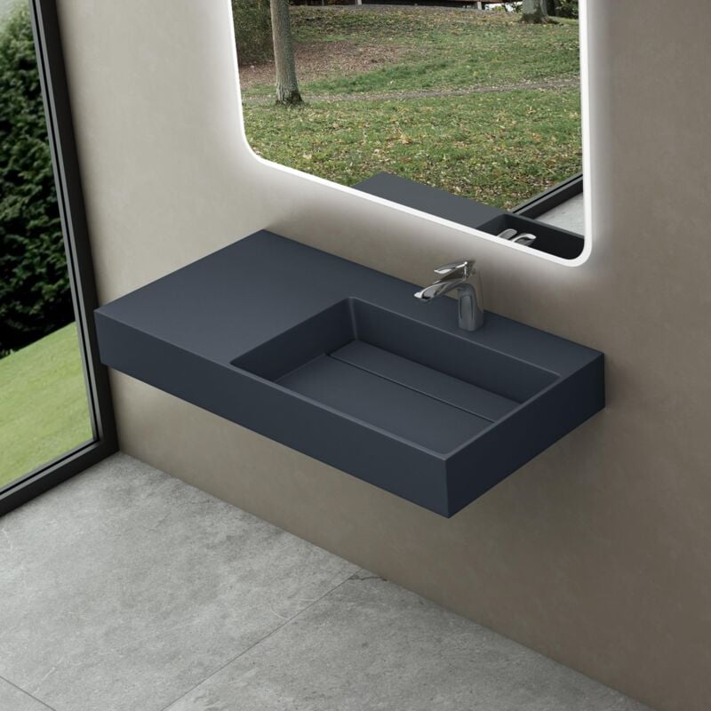 foto del prodotto doporro lavabo bagno sospeso lavabo da appoggio rettangolare in marmo resina antracite opaco, vasca a destra 100x48x13 cm con 1 foro rubinetto e