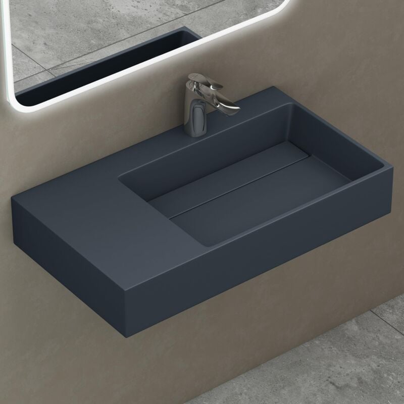 foto del prodotto doporro lavabo bagno sospeso lavabo da appoggio rettangolare in marmo resina antracite opaco, vasca a destra 75x43x14 cm con 1 foro rubinetto e