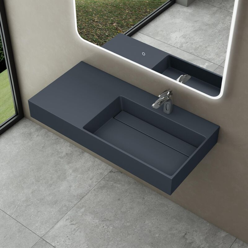 foto del prodotto doporro lavabo bagno sospeso lavabo da appoggio rettangolare in marmo resina antracite opaco, vasca a destra 90x48x13 cm con 1 foro rubinetto e