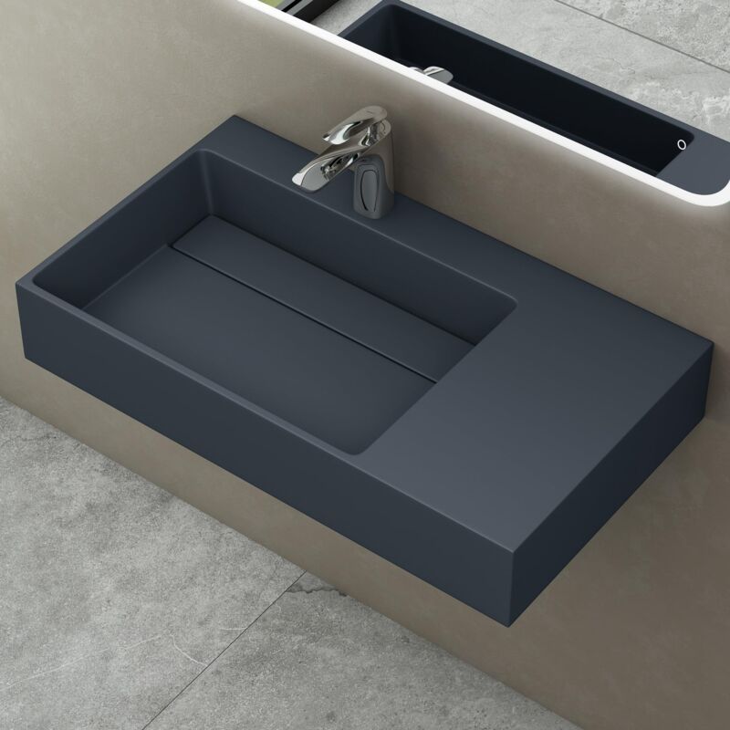 foto del prodotto doporro lavabo bagno sospeso lavabo da appoggio rettangolare in marmo resina antracite opaco, vasca a sinistra 75x43x14 cm con 1 foro rubinetto e