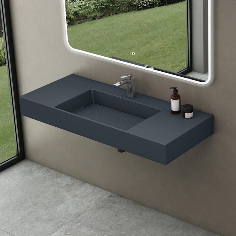 foto del prodotto doporro lavabo bagno sospeso lavabo da appoggio rettangolare in marmo resina antracite opaco, vasca centrale 120x48x13 cm con 1 foro rubinetto e