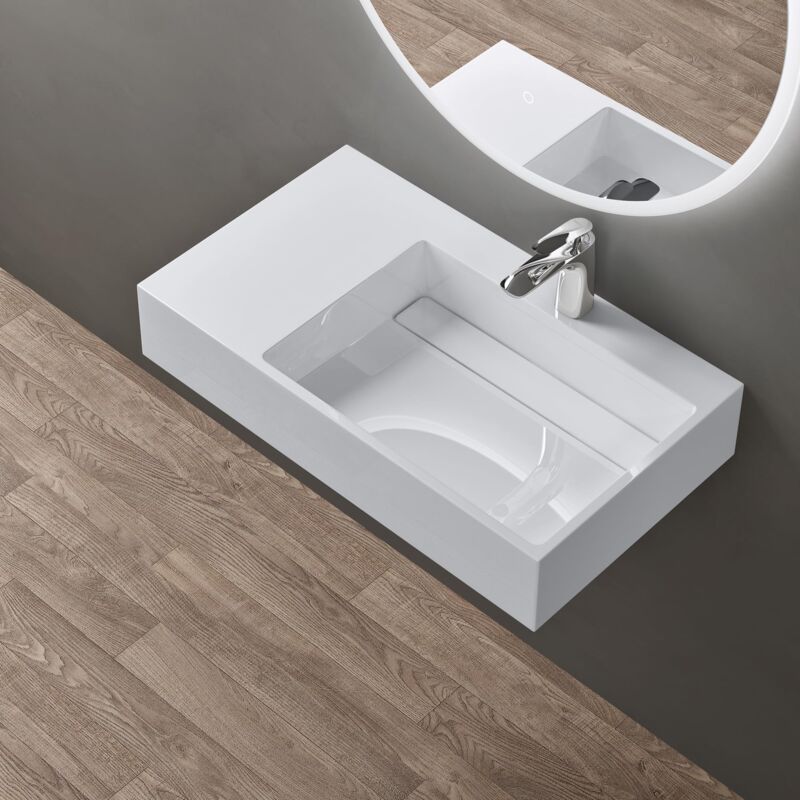 foto del prodotto doporro lavabo bagno sospeso lavabo da appoggio rettangolare in marmo resina bianco lucido, vasca a destra 75x43x14 cm con 1 foro rubinetto e