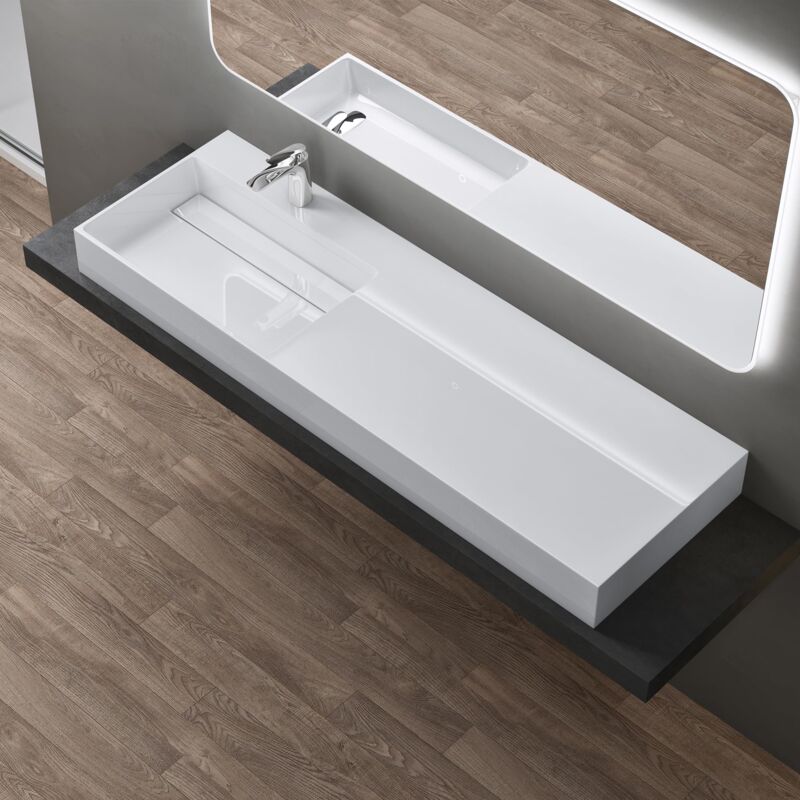 foto del prodotto doporro lavabo bagno sospeso lavabo da appoggio rettangolare in marmo resina bianco lucido, vasca a sinistra 150x48x13 cm con 1 foro rubinetto e