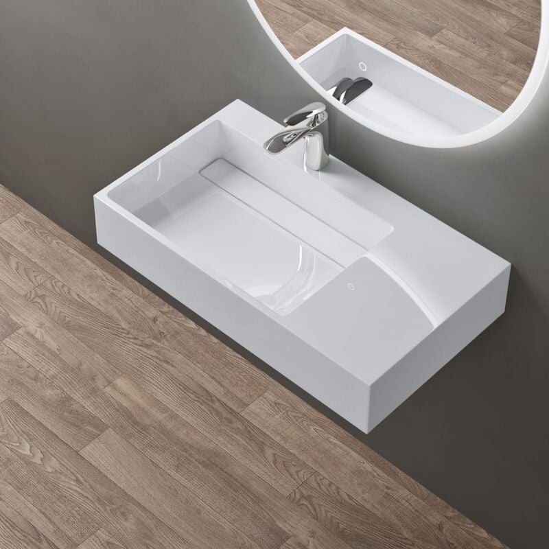 foto del prodotto doporro lavabo bagno sospeso lavabo da appoggio rettangolare in marmo resina bianco lucido, vasca a sinistra 75x43x14 cm con 1 foro rubinetto e