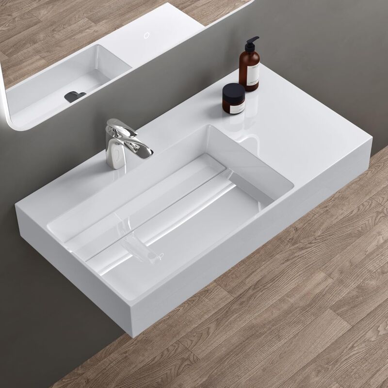 foto del prodotto doporro lavabo bagno sospeso lavabo da appoggio rettangolare in marmo resina bianco lucido, vasca a sinistra 90x48x13 cm con 1 foro rubinetto e