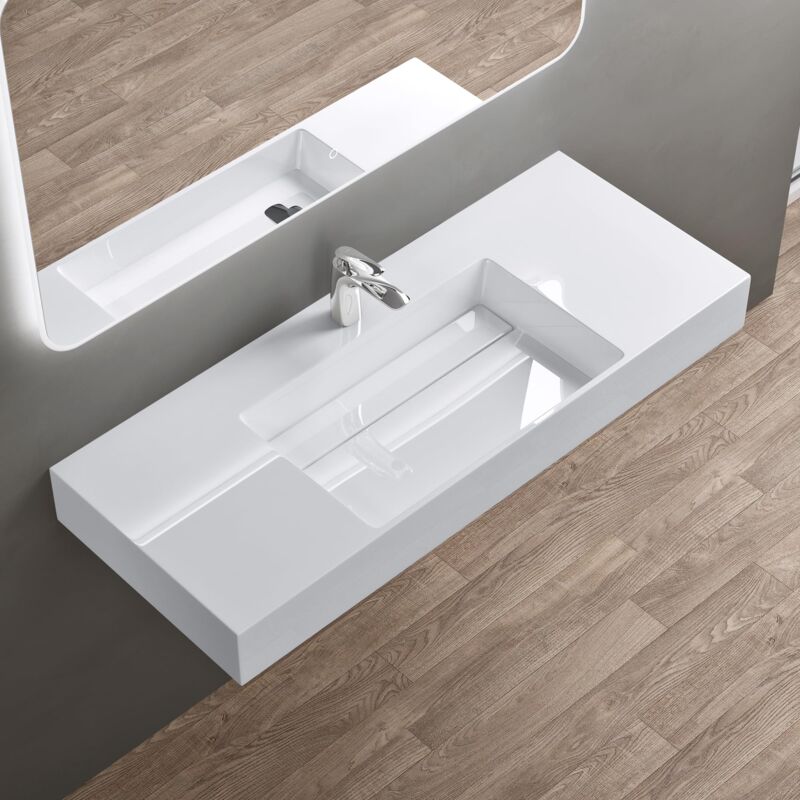 foto del prodotto doporro lavabo bagno sospeso lavabo da appoggio rettangolare in marmo resina bianco lucido, vasca centrale 120x48x13 cm con 1 foro rubinetto e
