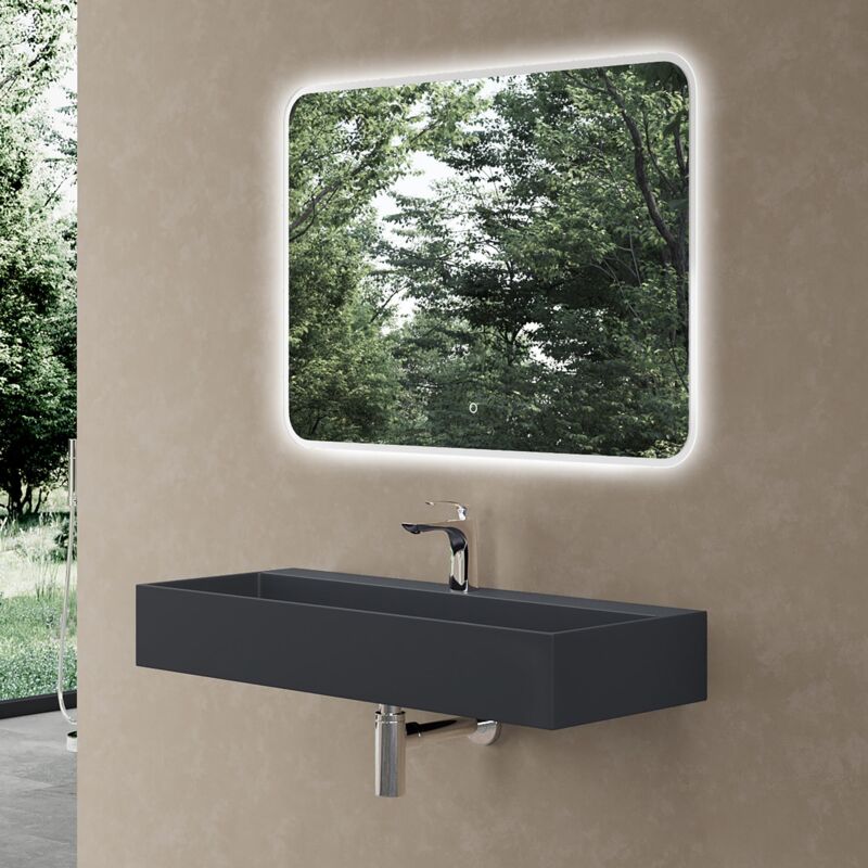 foto del prodotto doporro lavabo bagno sospeso rettangolare lavabo da appoggio con foro rubinetto lavandino in marmoresina antracite opaco 100x40x14 cm, ideale per