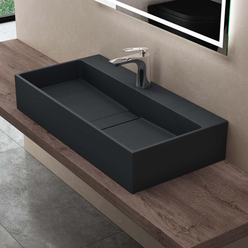 foto del prodotto doporro lavabo bagno sospeso rettangolare lavabo da appoggio con foro rubinetto lavandino in marmoresina antracite opaco 80x40x14 cm, ideale per
