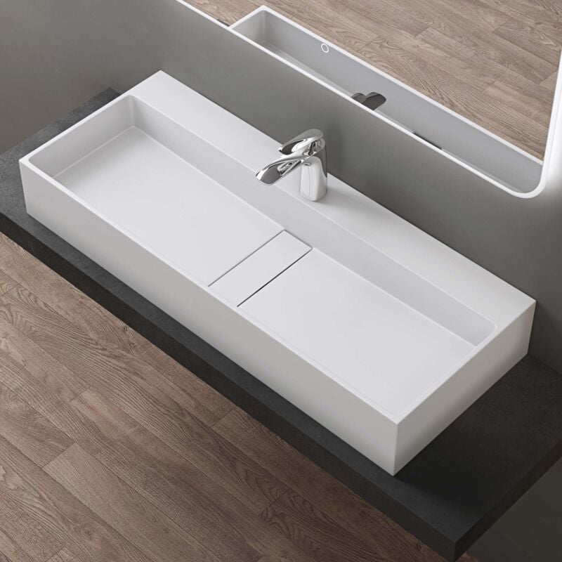 foto del prodotto doporro lavabo bagno sospeso rettangolare lavabo da appoggio con foro rubinetto lavandino in marmoresina bianco opaco 100x40x14 cm, ideale per casa