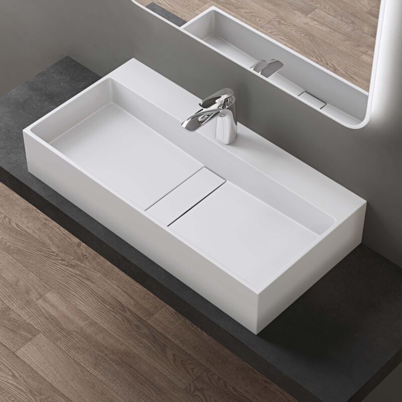 foto del prodotto doporro lavabo bagno sospeso rettangolare lavabo da appoggio con foro rubinetto lavandino in marmoresina bianco opaco 80x40x14 cm, ideale per casa