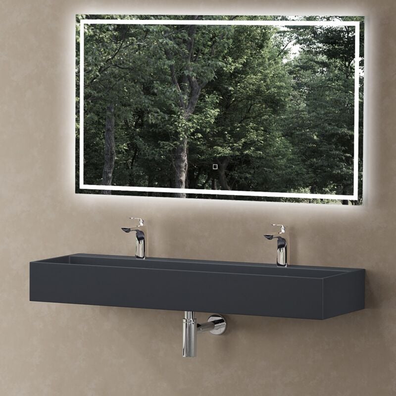 foto del prodotto doporro lavabo bagno sospeso rettangolare lavabo doppio da appoggio con 2 fori rubinetto lavandino in marmoresina antracite opaco 120x40x14 cm,