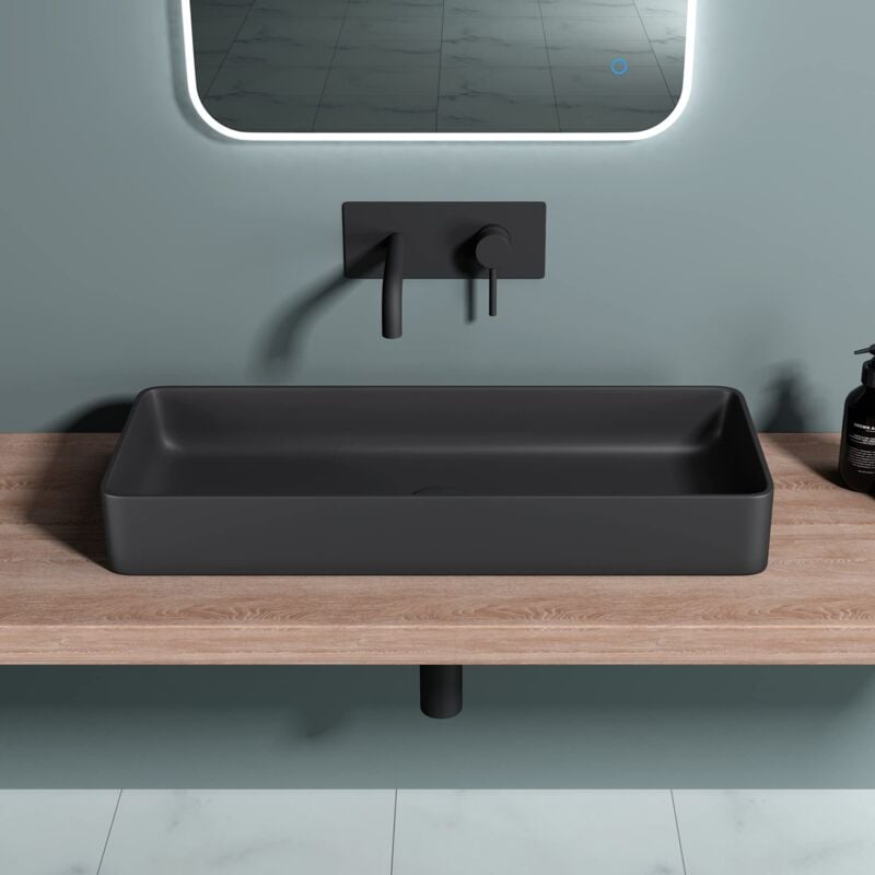foto del prodotto doporro lavabo bagno sospeso75x30x11,5cm, lavandino bagno qube da minerale fuso nero opaco