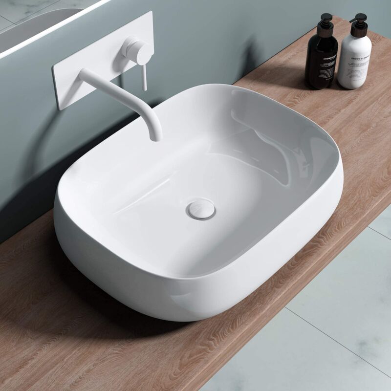 foto del prodotto doporro lavabo da appoggio 46x40x15cm lavandino bagno in ceramica bianco design moderno senza foro per rubinetto incl. nano rivestimento br ssel5104