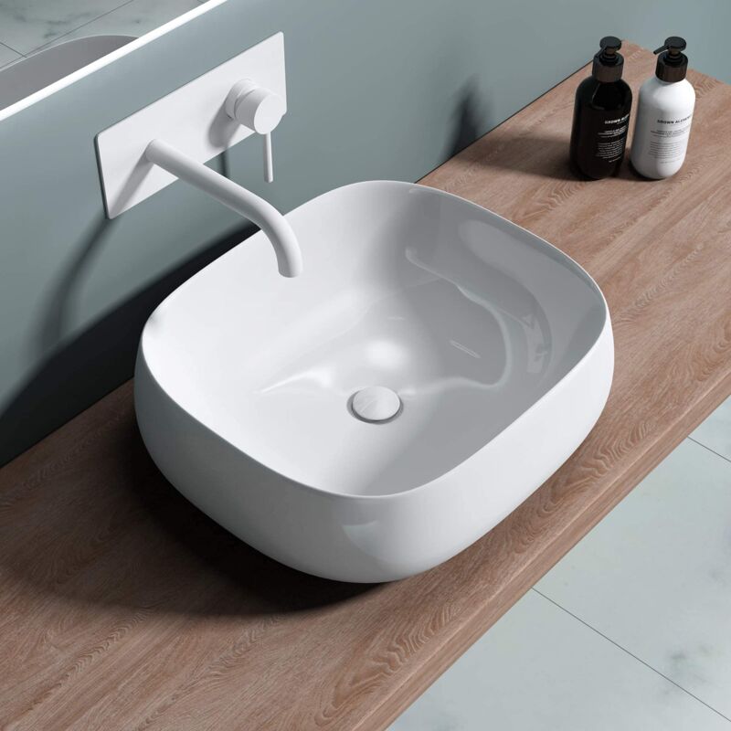 foto del prodotto doporro lavabo da appoggio 55x43x15cm lavandino bagno in ceramica bianco design moderno senza foro per rubinetto incl. nano rivestimento br ssel5105