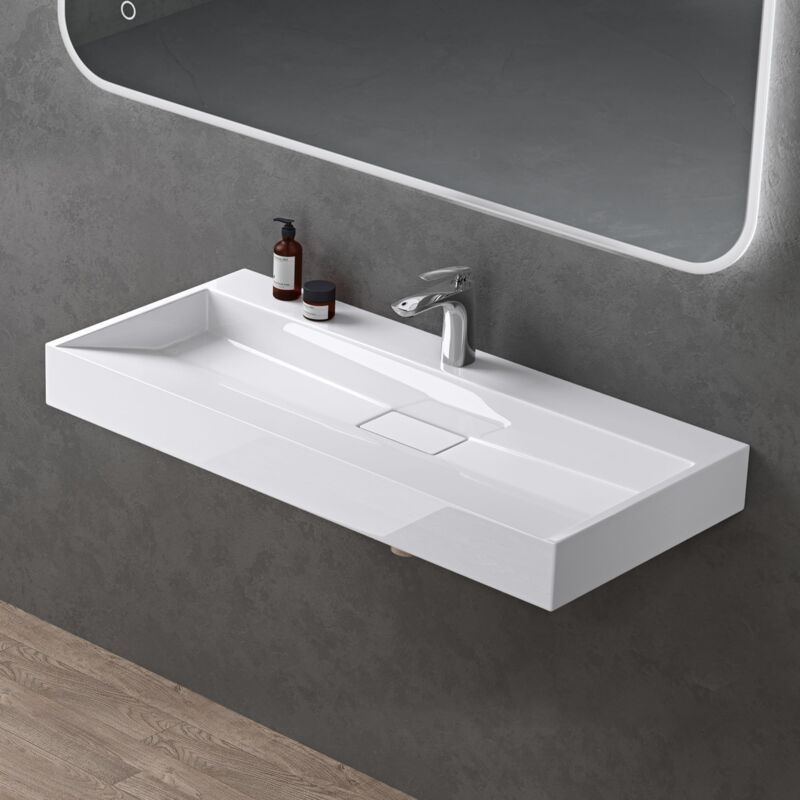 foto del prodotto doporro lavabo da appoggio bagno sospeso lavandino rettangolare in marmoresina con piletta di scarico inclusa colossum19, 100x46x11 cm bianco