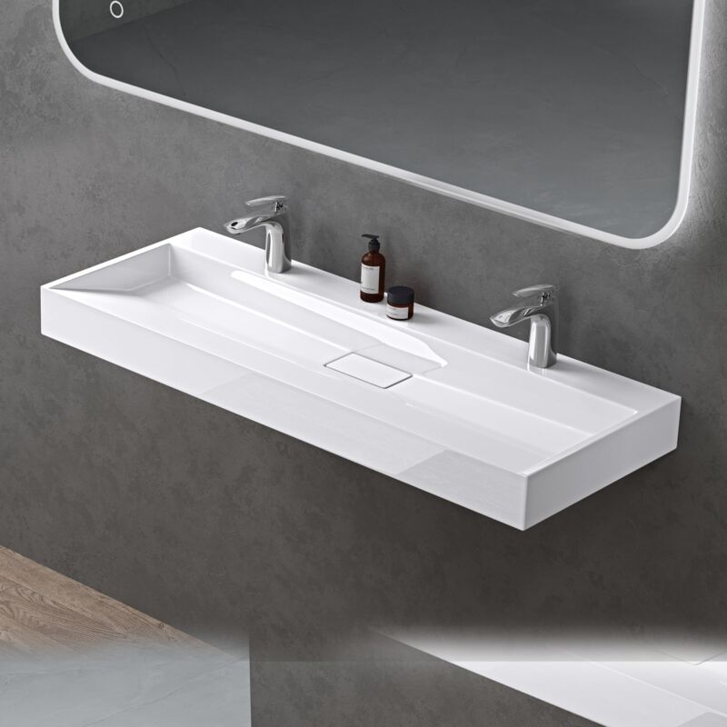 foto del prodotto doporro lavabo da appoggio bagno sospeso lavandino rettangolare in marmoresina con piletta di scarico inclusa colossum19, 120x46x11 cm bianco