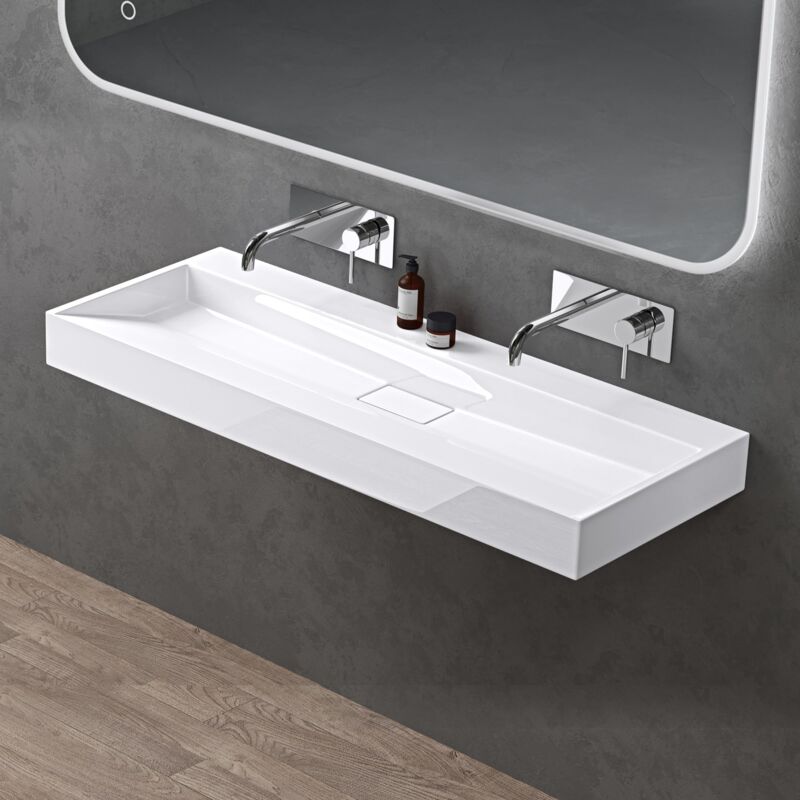 foto del prodotto doporro lavabo da appoggio bagno sospeso lavandino rettangolare in marmoresina con piletta di scarico inclusa colossum19, 120x46x11 cm bianco