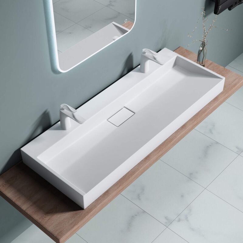 foto del prodotto doporro lavabo da appoggio bagno sospeso lavandino rettangolare in marmoresina con piletta di scarico inclusa colossum19, 120x46x11 cm bianco opaco