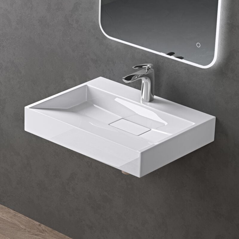 foto del prodotto doporro lavabo da appoggio bagno sospeso lavandino rettangolare in marmoresina con piletta di scarico inclusa colossum19, 50x38x11 cm bianco lucido