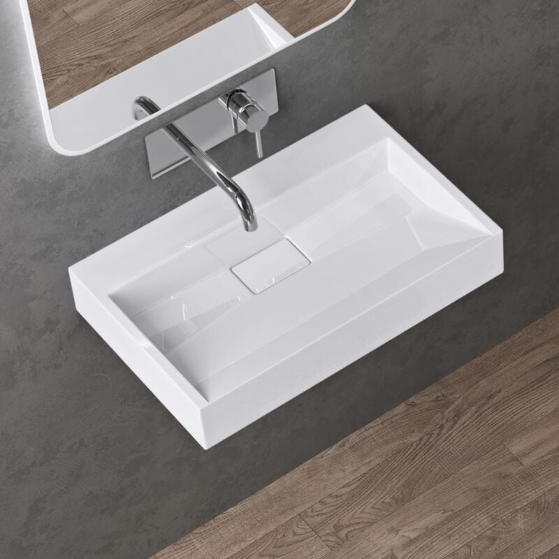 foto del prodotto doporro lavabo da appoggio bagno sospeso lavandino rettangolare in marmoresina con piletta di scarico inclusa colossum19, 50x38x11 cm bianco lucido