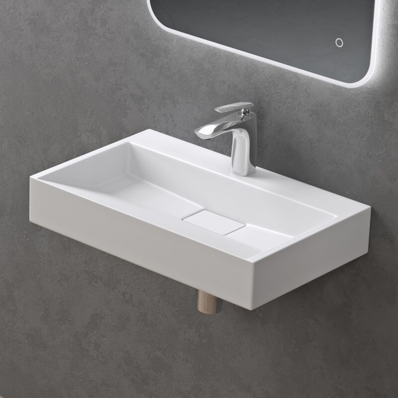 foto del prodotto doporro lavabo da appoggio bagno sospeso lavandino rettangolare in marmoresina con piletta di scarico inclusa colossum19, 60x38x11 cm bianco opaco