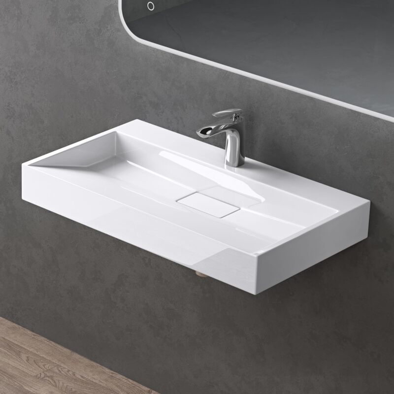 foto del prodotto doporro lavabo da appoggio bagno sospeso lavandino rettangolare in marmoresina con piletta di scarico inclusa colossum19, 70x46x11 cm bianco lucido