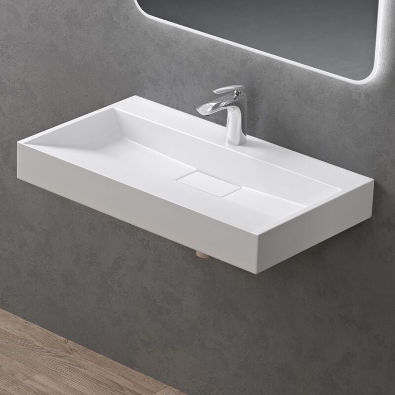 foto del prodotto doporro lavabo da appoggio bagno sospeso lavandino rettangolare in marmoresina con piletta di scarico inclusa colossum19, 70x46x11 cm bianco opaco