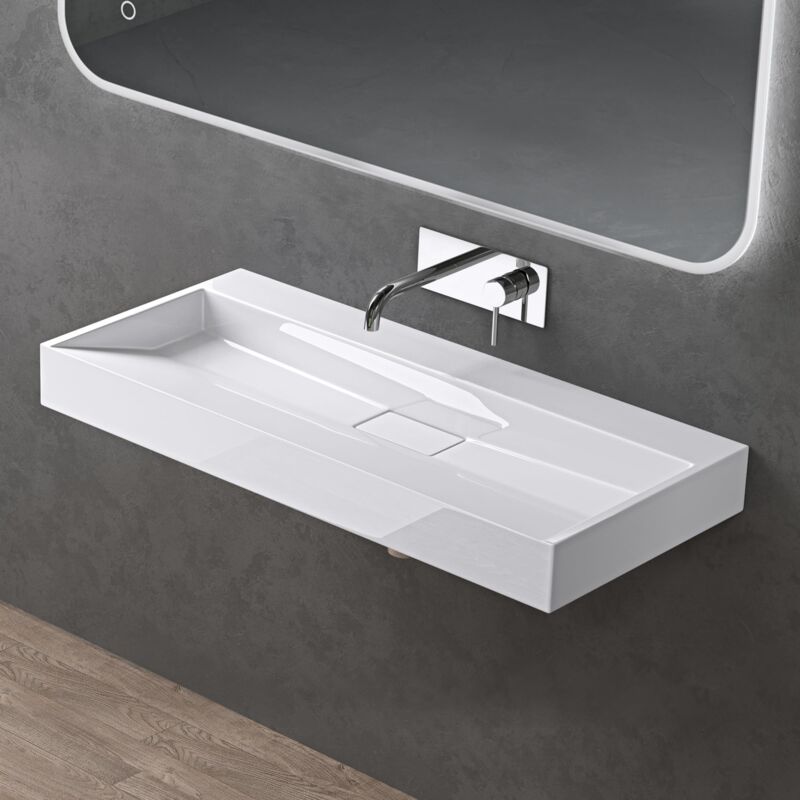 foto del prodotto doporro lavabo da appoggio bagno sospeso lavandino rettangolare in marmoresina con piletta di scarico inclusa colossum19, 90x46x11 cm bianco lucido
