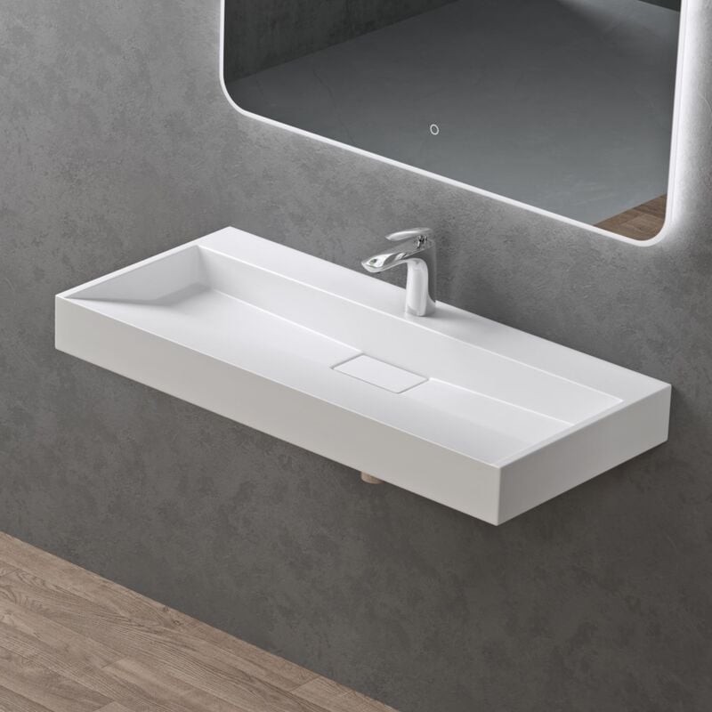foto del prodotto doporro lavabo da appoggio bagno sospeso lavandino rettangolare in marmoresina con piletta di scarico inclusa colossum19, 90x46x11 cm bianco opaco