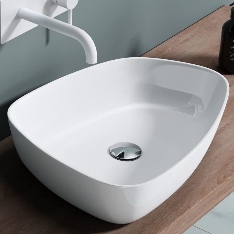 foto del prodotto doporro lavabo da appoggio bianco lucido 51x38x12cm lavandino bagno slim design moderno lavello da minerale fuso colossum806