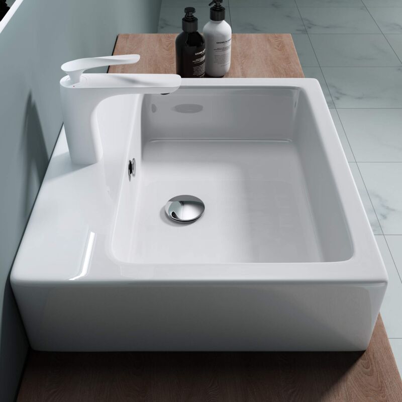 foto del prodotto doporro lavabo da appoggio in ceramica bianco lucido 53,5x46x13,5cm lavabo bagno sospeso con foro per rubinetto e troppopieno lavandino