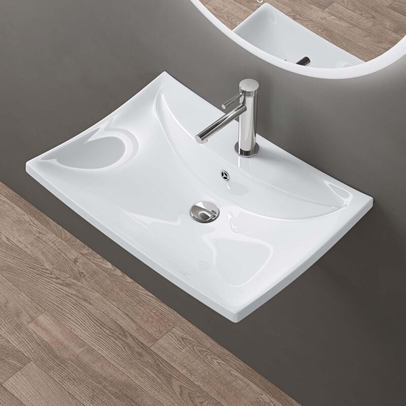 foto del prodotto doporro lavabo da appoggio in ceramica bianco lucido 60,5x44x18cm lavabo bagno sospeso con foro per rubinetto e troppopieno design moderno con