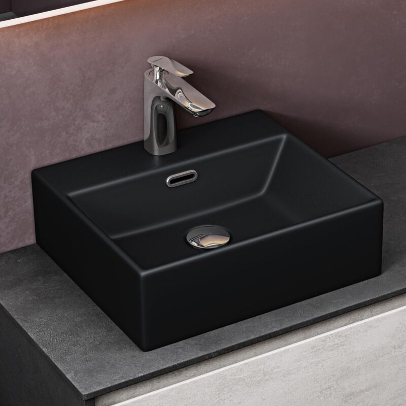 foto del prodotto doporro lavabo da appoggio in ceramica rettangolare lavandino bagno sospeso con foro rubinetto e troppopieno 41x36x13cm nero opaco lavello con