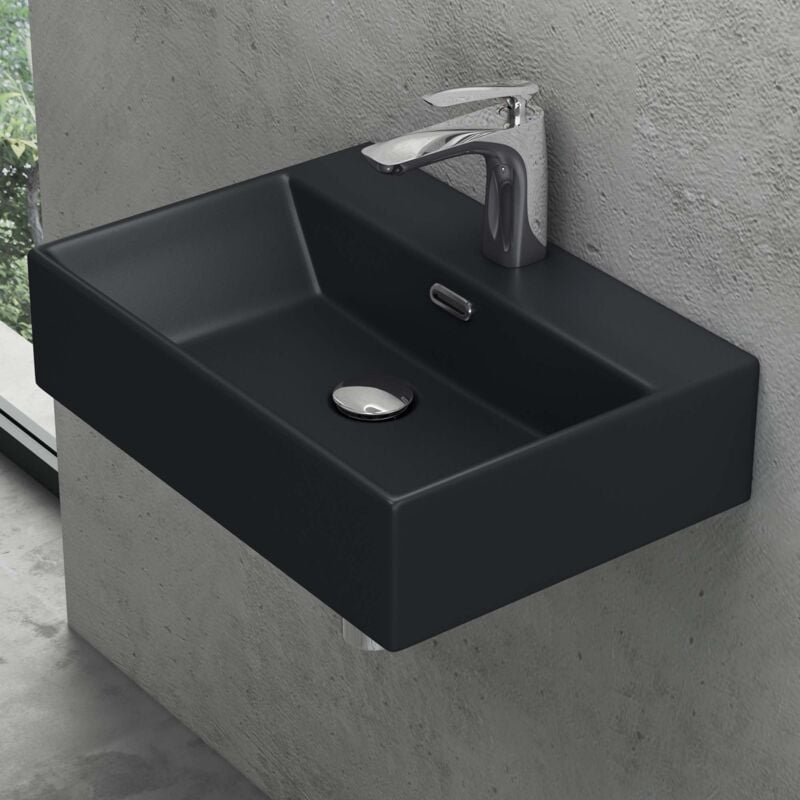 foto del prodotto doporro lavabo da appoggio in ceramica rettangolare lavandino bagno sospeso con foro rubinetto e troppopieno 51x36x13cm nero opaco lavello con