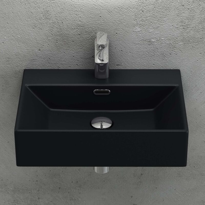 foto del prodotto doporro lavabo da appoggio in ceramica rettangolare lavandino bagno sospeso con foro rubinetto e troppopieno 60x36x13cm nero opaco lavello con