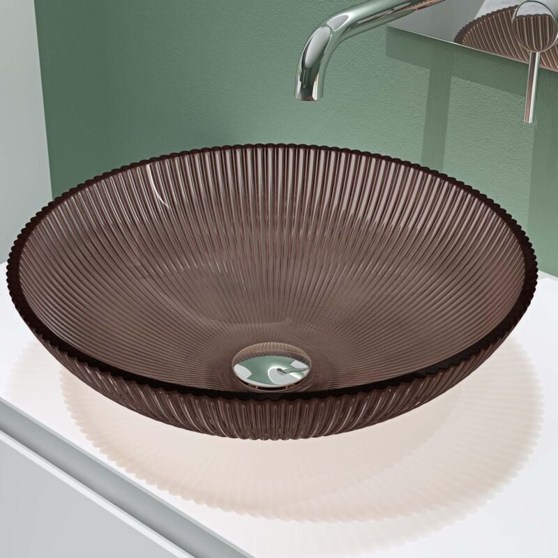 foto del prodotto doporro lavabo da appoggio in vetro temperato lavandino bagno ovale lavello per cucina wc ospiti design moderno artistico 40x40x12 cm caff minerva06